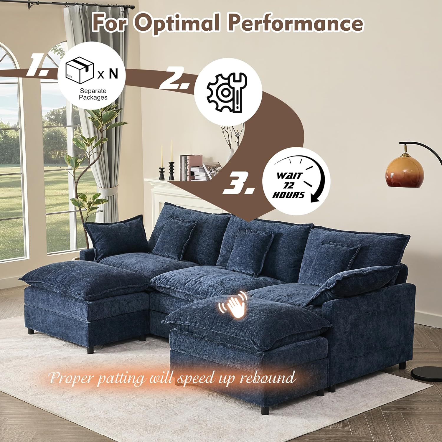 108" U Shaped Couch, Modular Sectional Sofa, 3-Seater Comfy Cloud Couch with Movable Ottoman, Deep Seat Couches for Living Room, Linen, Beige