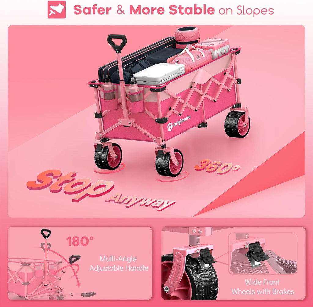 38" long foldable four-wheel stroller, foldable, 460 lb capacity, 220 liter heavy-duty folding beach stroller with large all-terrain tires