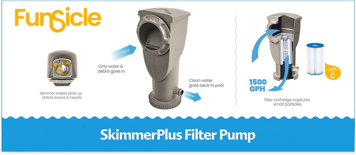 Funsicle SkimmerPlus 1500 Gallons Per Hour 2 in 1 Filter Pump and Skimmer System with Clamps and 1.5 Inch Hose Fitting for Above Ground Swimming Pools
