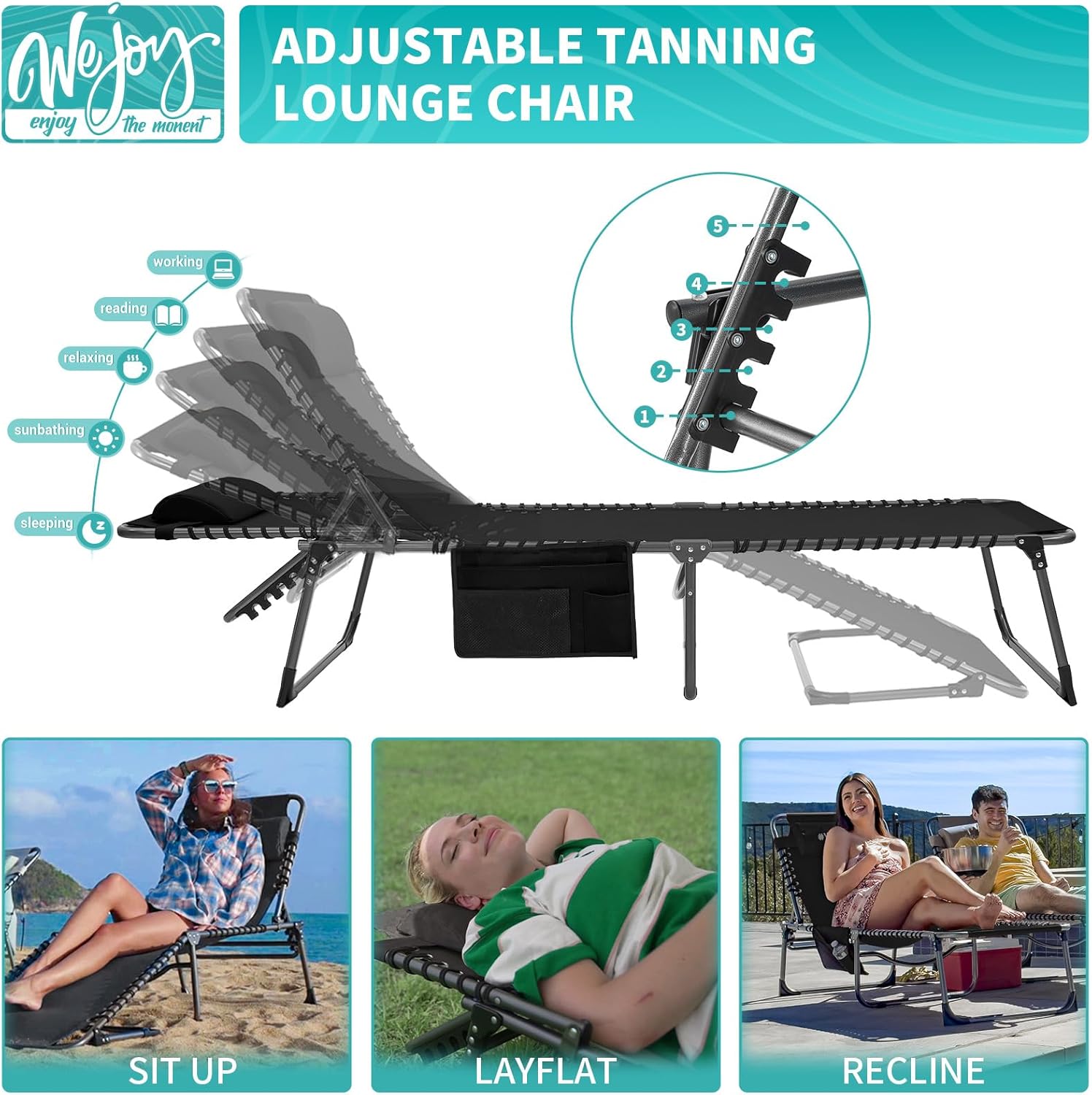 2 Pack Outdoor Chaise Lounge Chair - Portable Folding Patio Pool Lounge Chair, 5 Positions Adjustable Reclining Camping Chair with Side Table,Shoulder Strap, Pillow for Beach Sunbathing Lawn