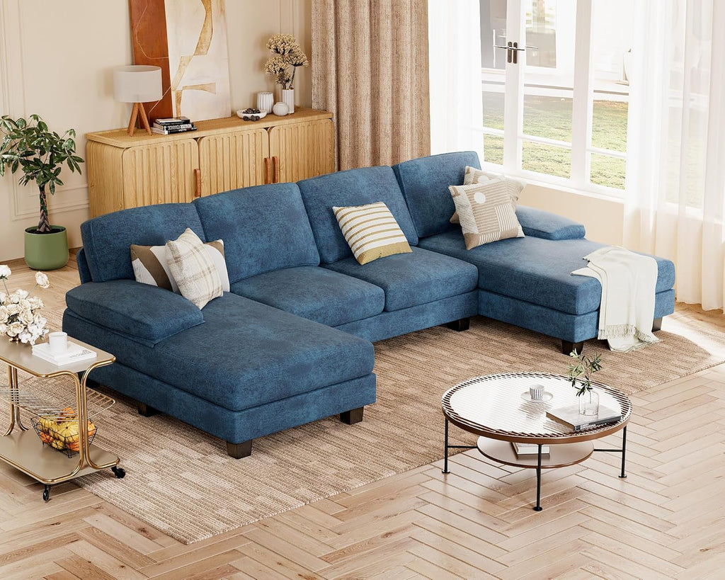 JUMMICO Sectional Couches for Living Room, U Shaped Couch with Chenille Fabric, 4 Seat Modern Sofa with Removable Pillows for Apartment and Small Space (Fabric, Grey)