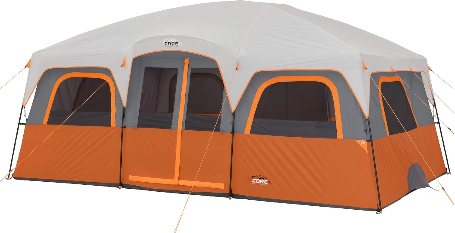 CORE Straight Wall Cabin Tents | 10 Person / 11 Person / 12 Person Large Multi Room Family Tents for Car Camping & Outdoor Adventures