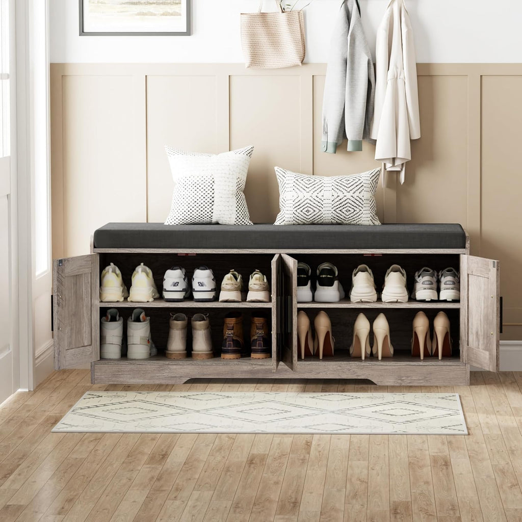 2-Tier Storage Bench, Shoe Bench with Thickened Padded Seat Cushion, Entryway Bench with 4 Doors, Adjustable Shelf, 13.8" D x 45.3" W x 18.5" H, for Entryway, Living Room, Bedroom, White