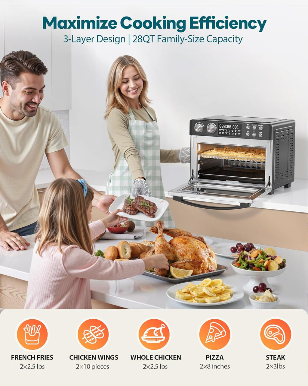 28QT Air Fryer Toaster Oven Combo, Large 12-in-1 Convection Countertop Oven with 3-Layer Cooking, Rotisserie for Chicken, 6 Heating Tubes, Fast Preheat, Fits 11" Pizza, Full Accessories, Sparkle Black