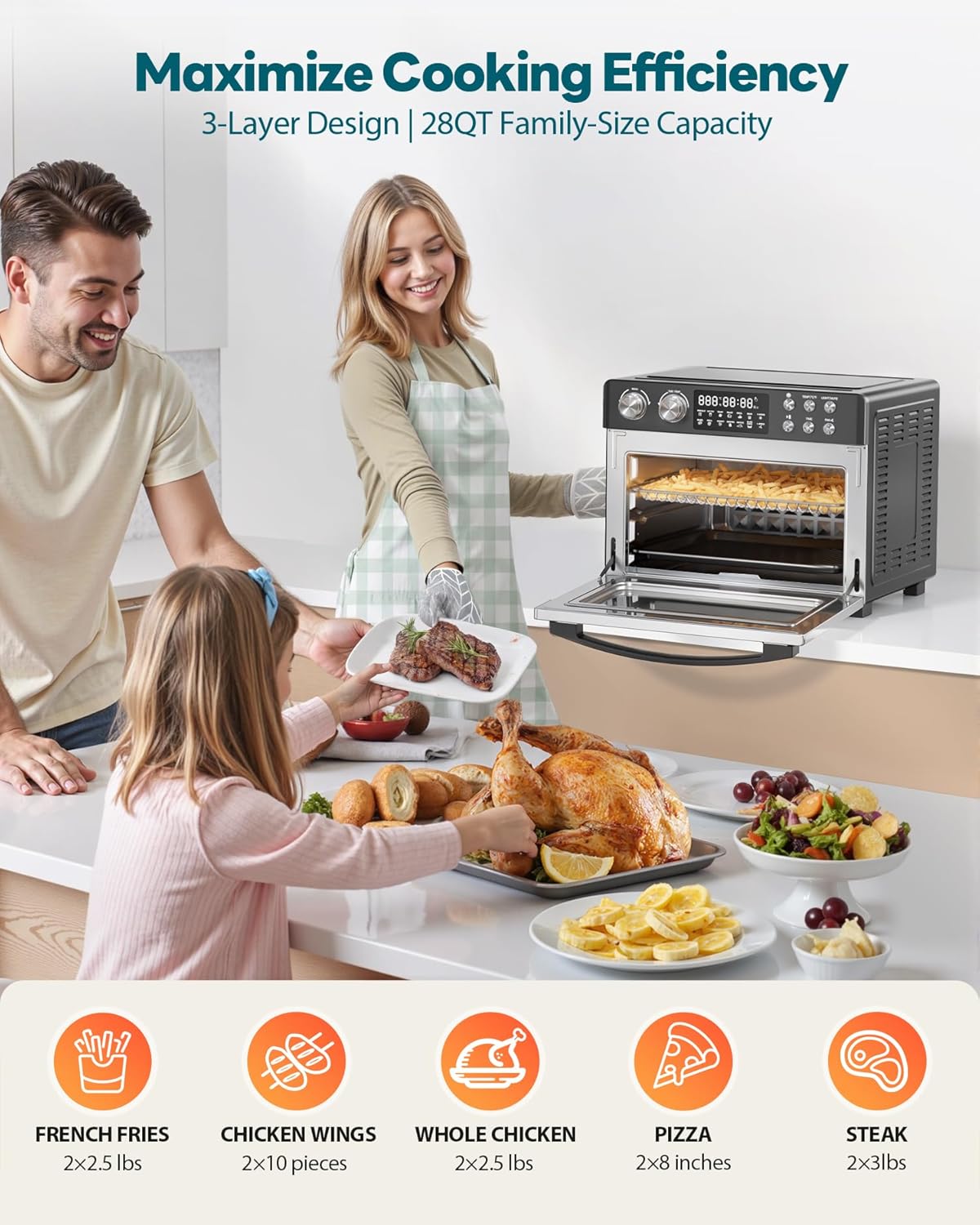 28QT Air Fryer Toaster Oven Combo, Large 12-in-1 Convection Countertop Oven with 3-Layer Cooking, Rotisserie for Chicken, 6 Heating Tubes, Fast Preheat, Fits 11" Pizza, Full Accessories, Sparkle Black