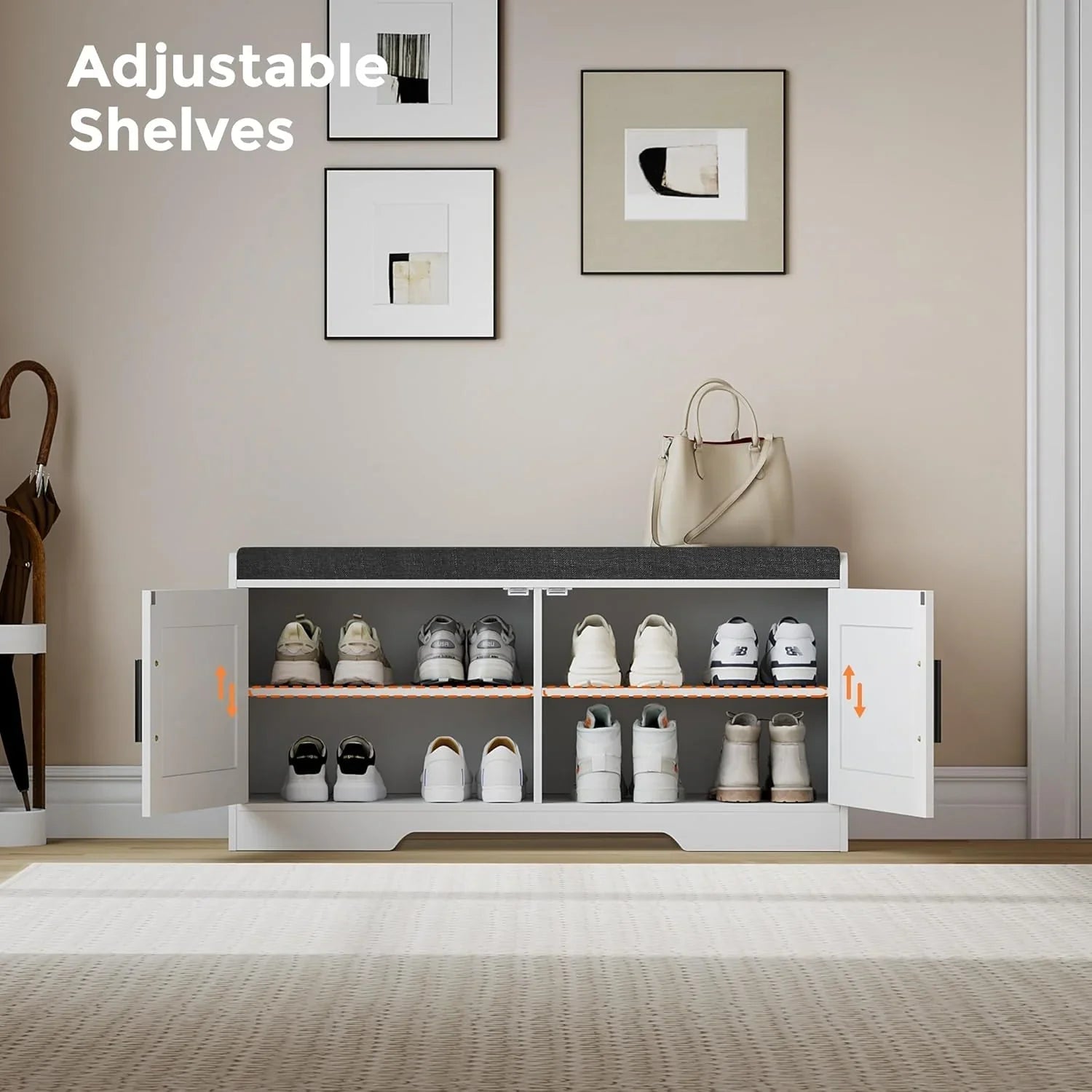 2-Tier Storage Bench Shoe Bench with Thickened Padded Seat Cushion Entryway Bench