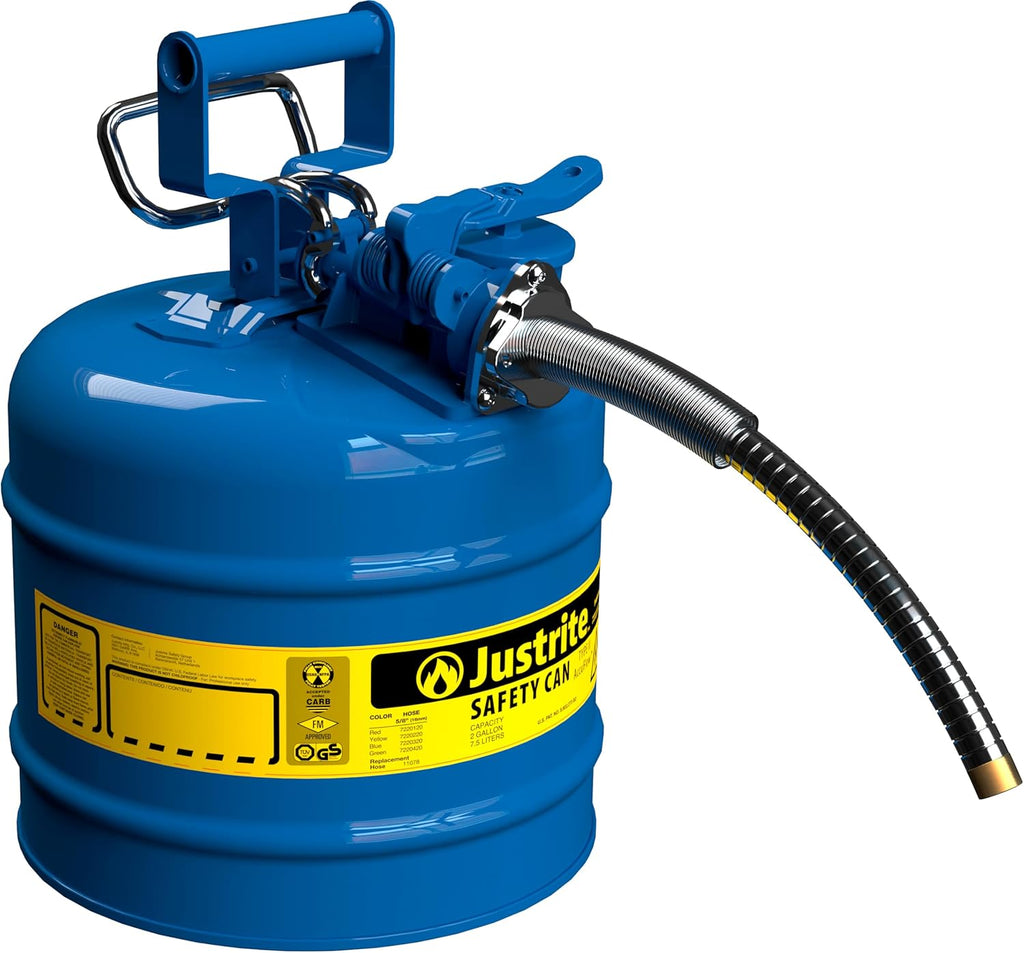 Justrite 5-Gallon Type II Red Safety Gas Can OSHA-Approved Steel Fuel Container with Flame Arrester, Self-Closing Lid & 1" Flexible Spout (7250130)