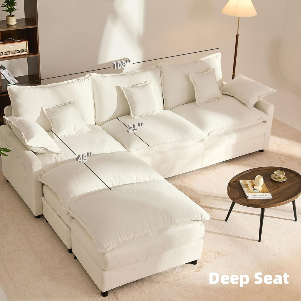 108" U Shaped Couch, Modular Sectional Sofa, 3-Seater Comfy Cloud Couch with Movable Ottoman, Deep Seat Couches for Living Room, Linen, Beige