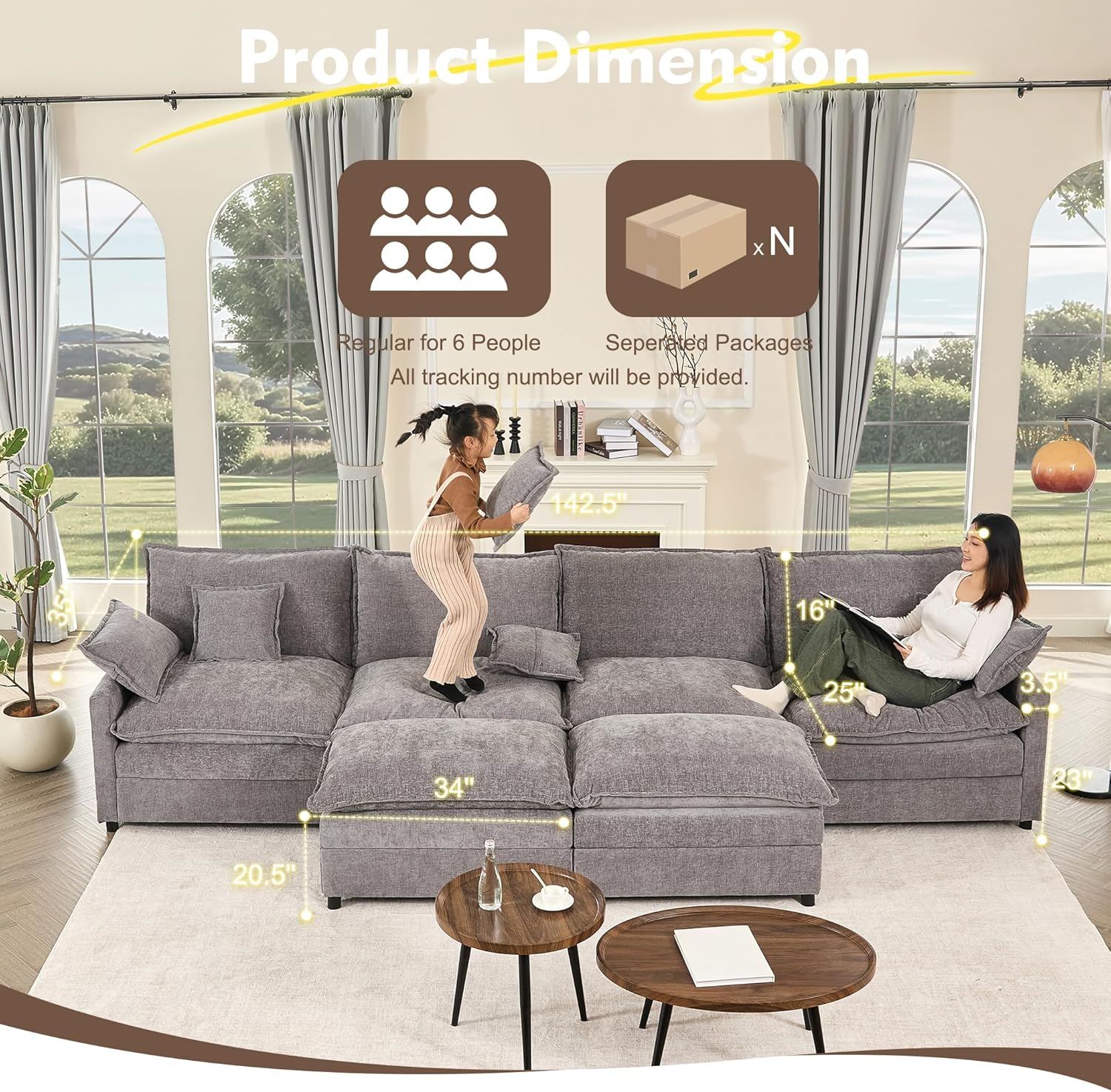108" U Shaped Couch, Modular Sectional Sofa, 3-Seater Comfy Cloud Couch with Movable Ottoman, Deep Seat Couches for Living Room, Linen, Beige