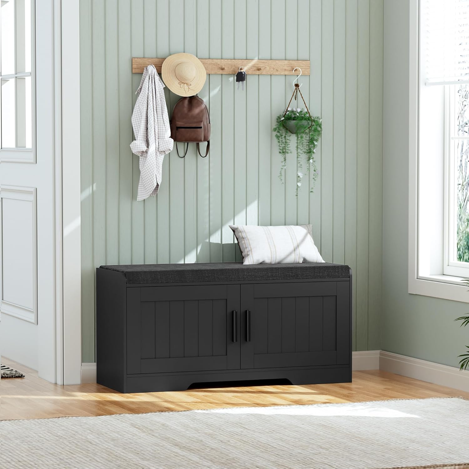 2-Tier Storage Bench, Shoe Bench with Thickened Padded Seat Cushion, Entryway Bench with 4 Doors, Adjustable Shelf, 13.8" D x 45.3" W x 18.5" H, for Entryway, Living Room, Bedroom, White