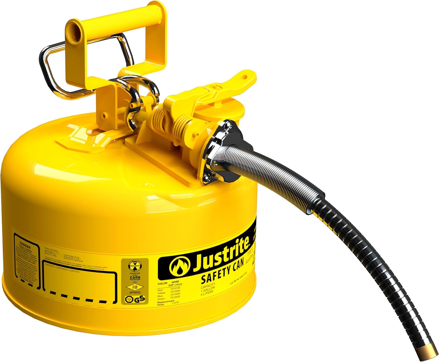 Justrite 5-Gallon Type II Red Safety Gas Can OSHA-Approved Steel Fuel Container with Flame Arrester, Self-Closing Lid & 1" Flexible Spout (7250130)