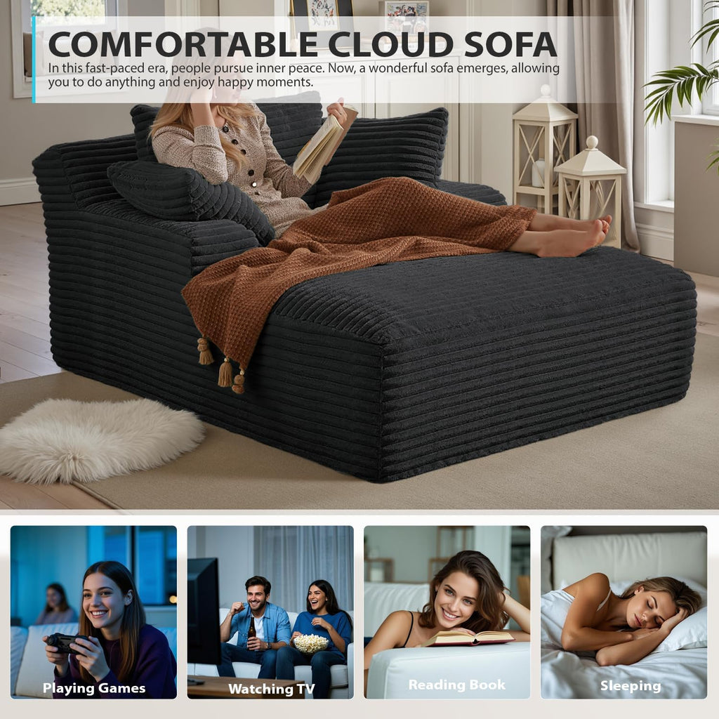 50 Inch Chaise Lounge Chair Indoor, Oversized Corduroy Upholstered Boneless Sofa Bed, Deep Seat Sleeper Couch Reading Chairs, Cloud Sofas Couches for Living Room, No Assembly Required (Dark Grey)