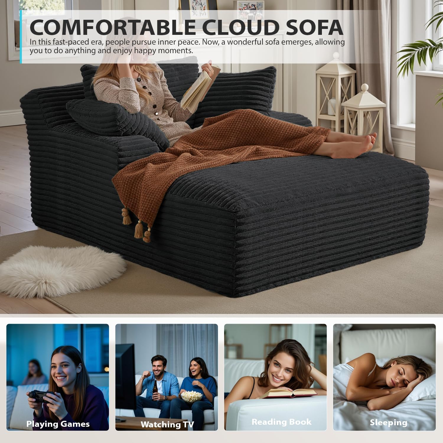 50 Inch Chaise Lounge Chair Indoor, Oversized Corduroy Upholstered Boneless Sofa Bed, Deep Seat Sleeper Couch Reading Chairs, Cloud Sofas Couches for Living Room, No Assembly Required (Dark Grey)