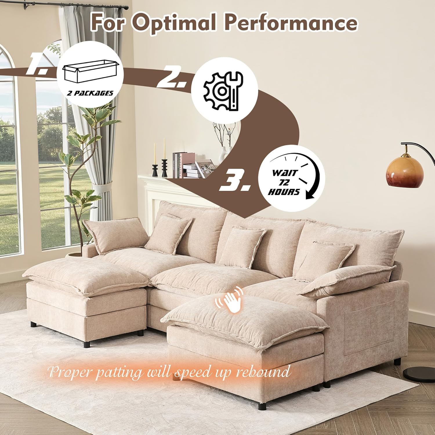 108" U Shaped Couch, Modular Sectional Sofa, 3-Seater Comfy Cloud Couch with Movable Ottoman, Deep Seat Couches for Living Room, Linen, Beige