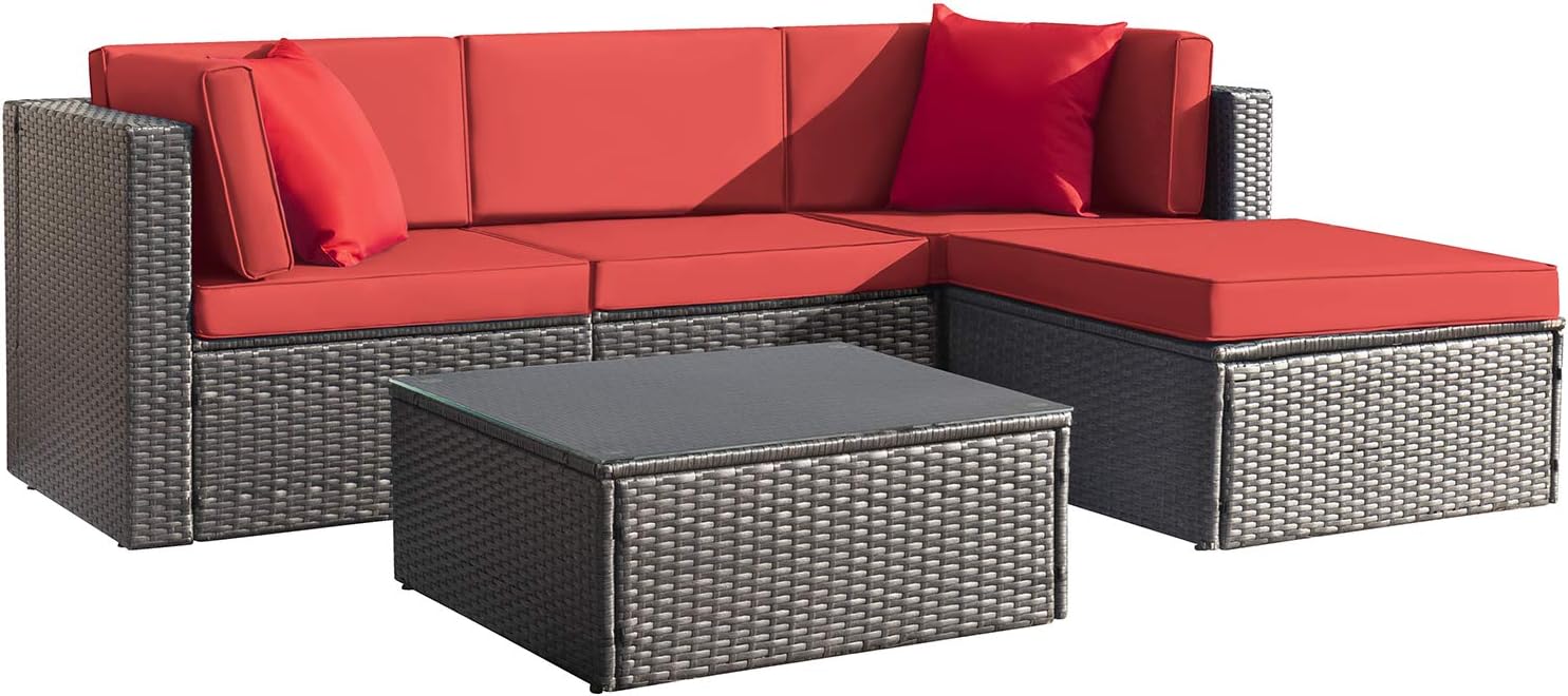 Devoko 5 Pieces Patio Furniture Sets All Weather Outdoor Sectional Patio Sofa Manual Weaving Wicker Rattan Patio Seating Sofas with Cushion and Glass Table(Beige)