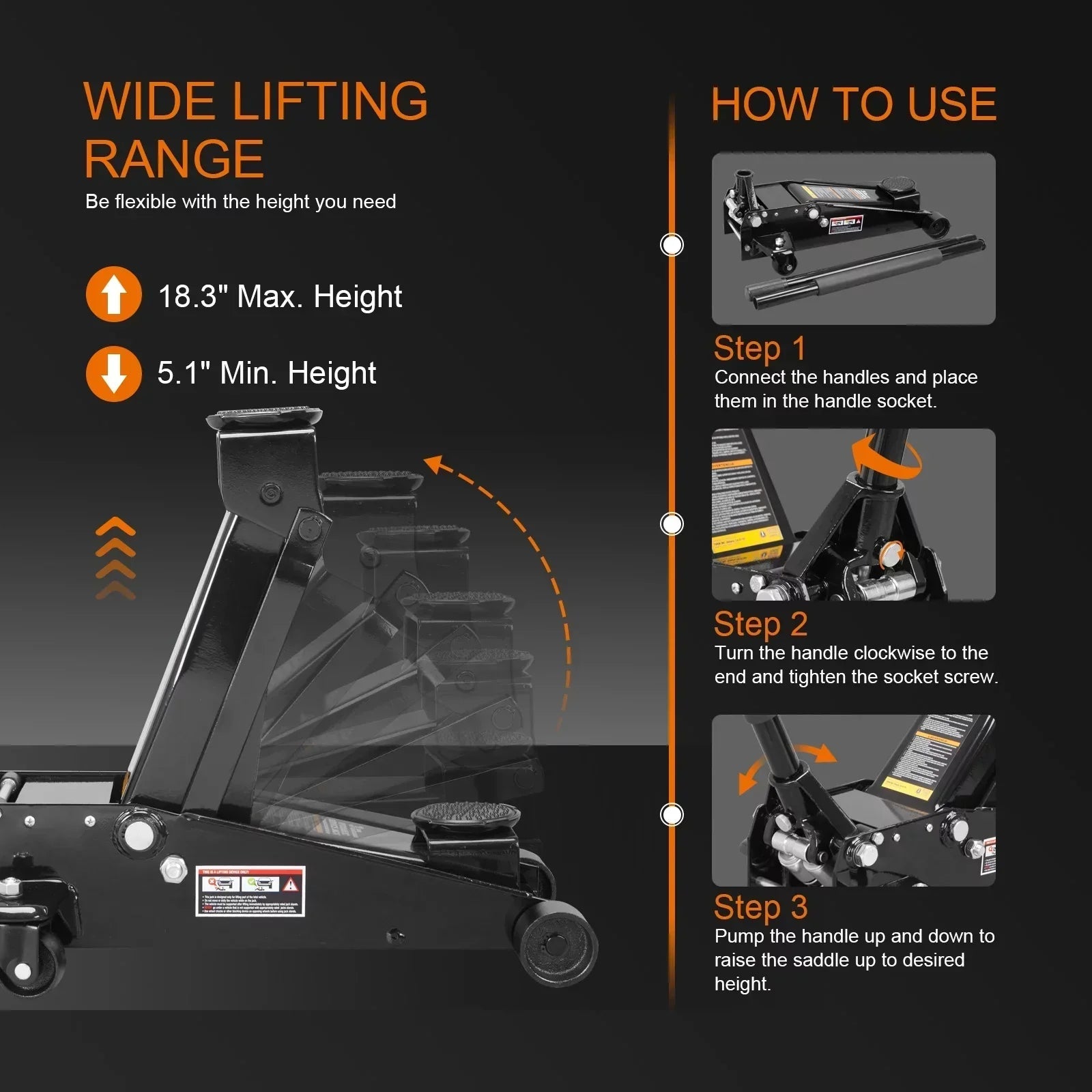 3 Ton Floor Jack Hydraulic Heavy Duty Steel Car Jack with Quick Lift Dual Pump,Black,W8303-B