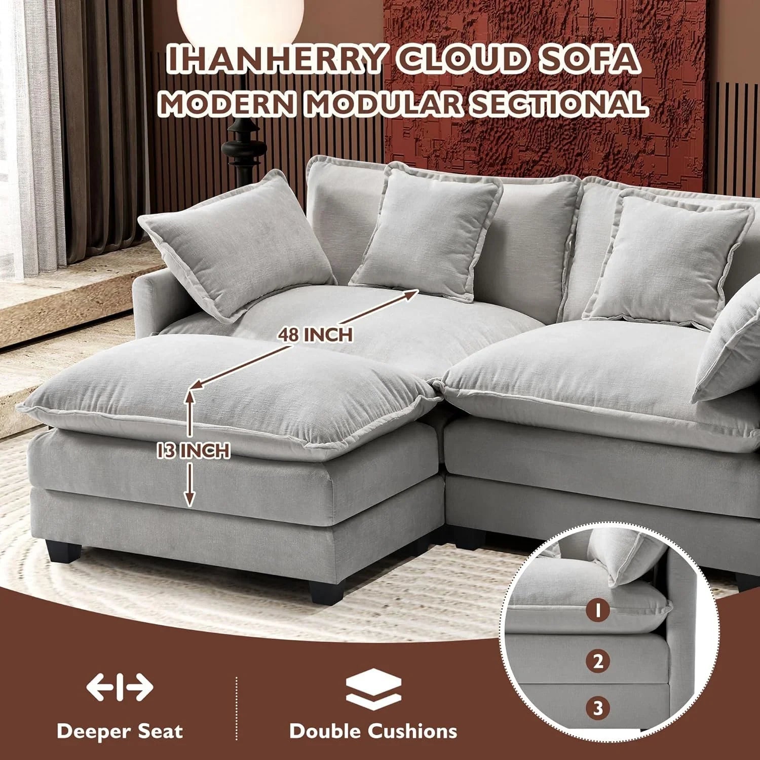 111.4 Inch L Shaped Modern Sofa Modular Cloud Sofa with Ottoman 4 Seater Chenille Deep Seat Sofa