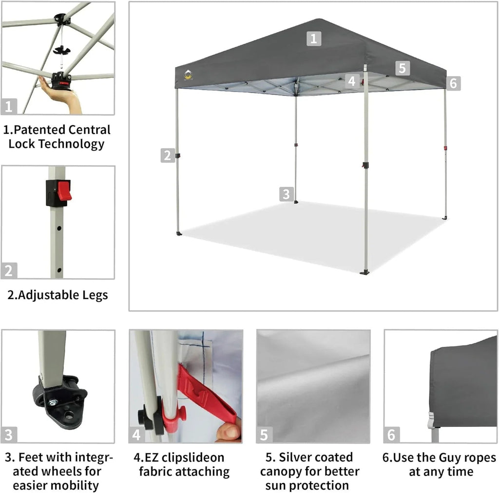 10x10 Pop-Up Awning One-Click Installation Beach Tent Outdoor Sunshade Silver Coated Top