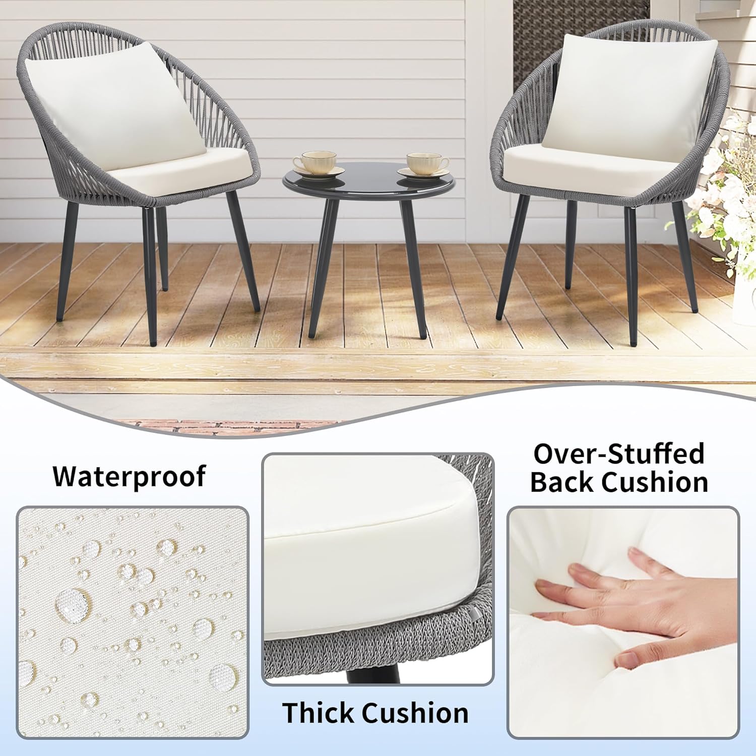 3 Piece Bistro Set, Woven Rope Chair with Cushions, All Weather Patio Conversation Set with Side Table, Ideal for Deck, Balcony, Poolside, Black