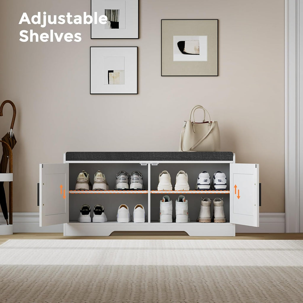2-Tier Storage Bench, Shoe Bench with Thickened Padded Seat Cushion, Entryway Bench with 4 Doors, Adjustable Shelf, 13.8" D x 45.3" W x 18.5" H, for Entryway, Living Room, Bedroom, White