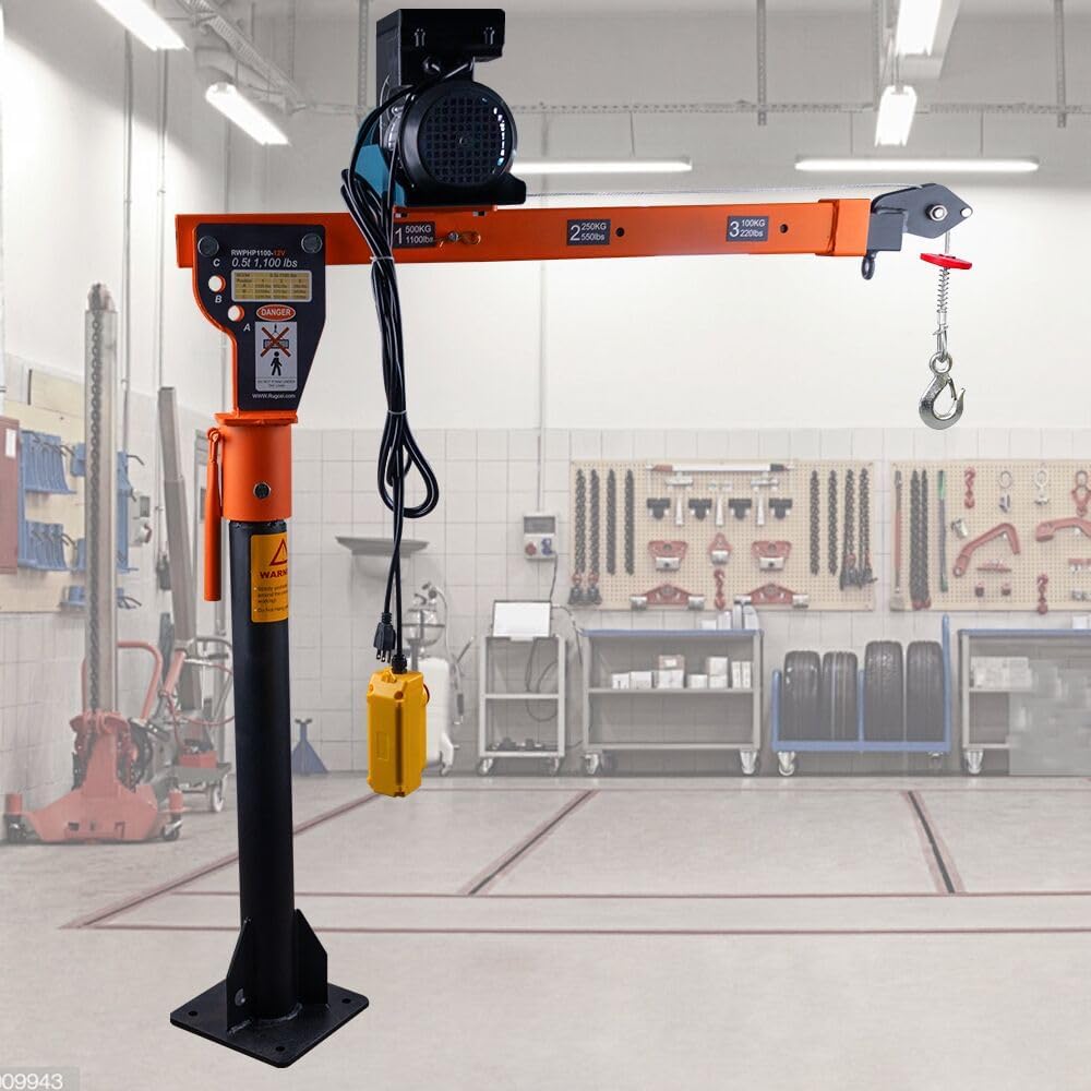 1100lb Folding Dismountable Household Hoist Truck Crane with Electric Hoist (110V) 880lb Pulling Force, Jib Cranes for Factory, Warehouse, Construction
