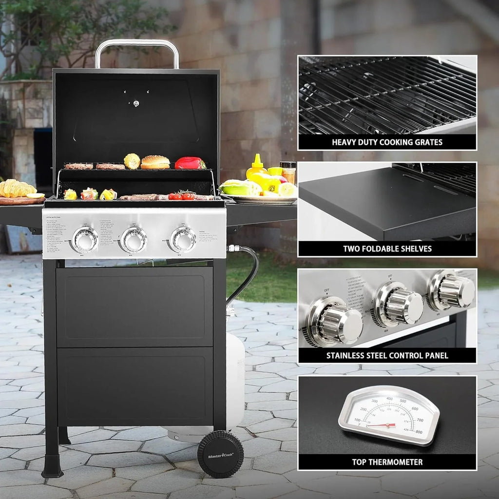 3 Burner BBQ Propane Gas Grill Stainless Steel 30,000 BTU Patio Garden Barbecue Grill