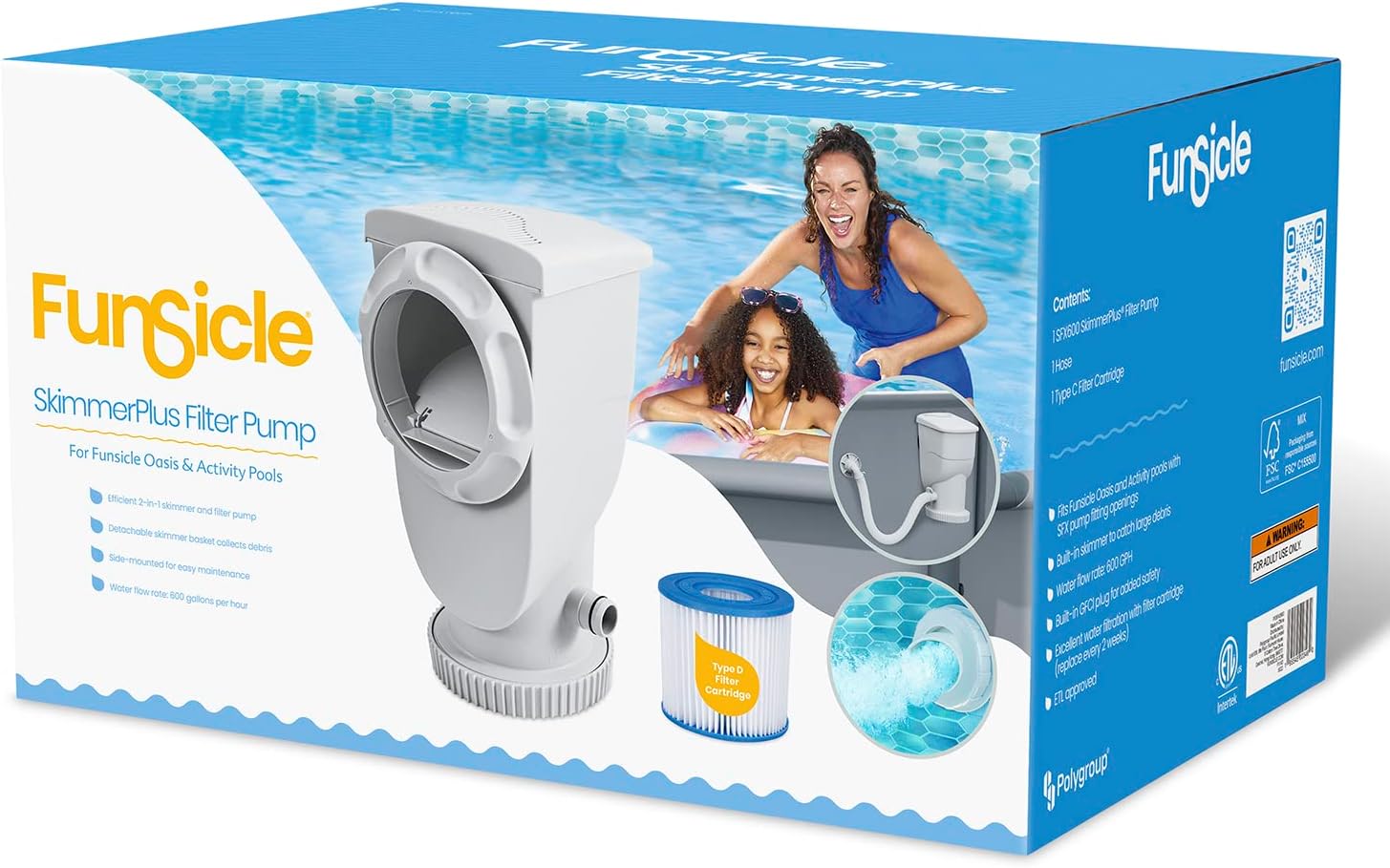 Funsicle SkimmerPlus 1500 Gallons Per Hour 2 in 1 Filter Pump and Skimmer System with Clamps and 1.5 Inch Hose Fitting for Above Ground Swimming Pools