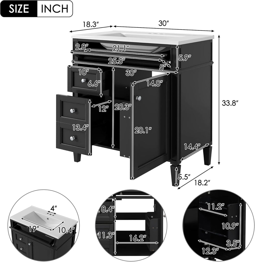 36" Bathroom Vanity with Single Sink Combo, Modern Undermount Bathroom Sink Cabinet with 2 Drawers and a Tip-Out Drawer, Freestanding Bathroom Vanities, Soft Closing, Solid Wood Frame