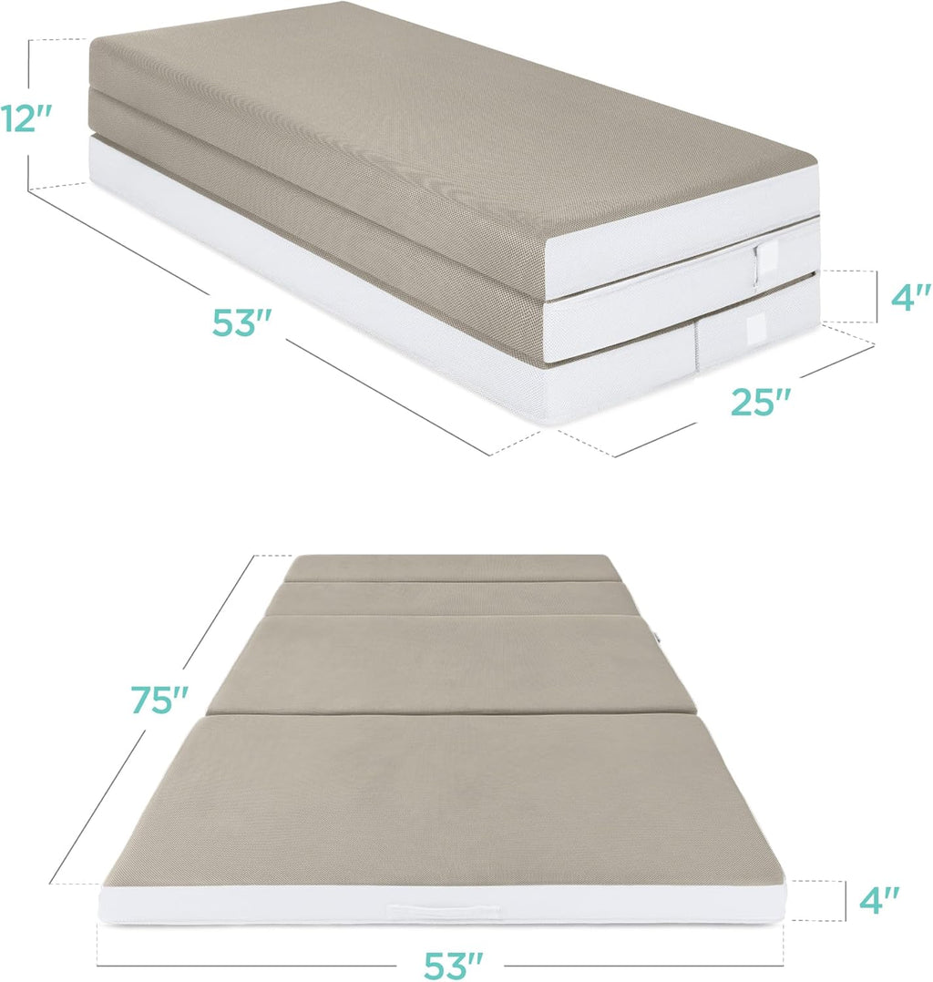 4in Portable Queen-Size Mattress, Tri-Fold Mattress for Camping, Guest, Toddler