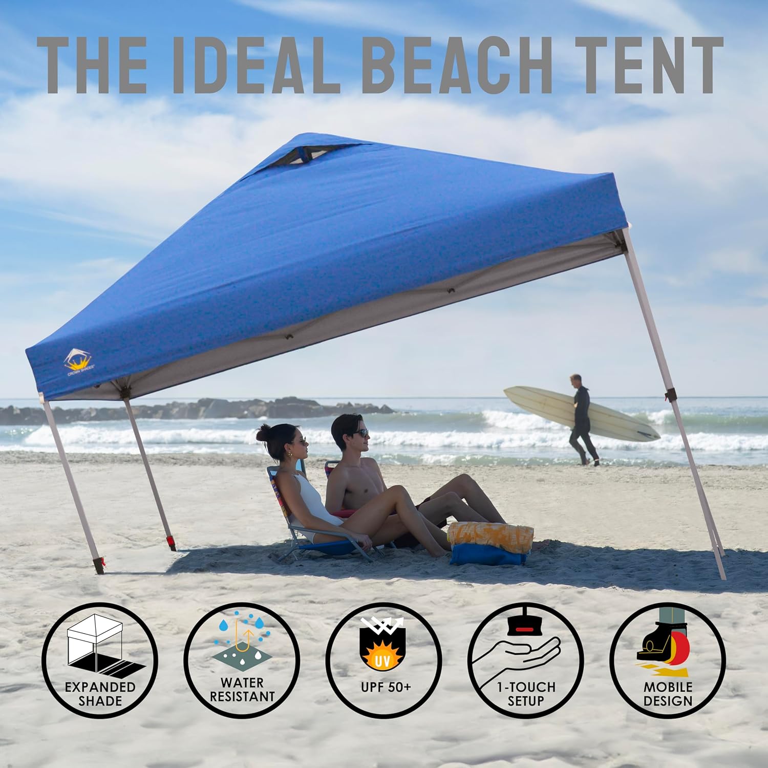 10x10 Pop-Up Awning - One-Click Installation Beach Tent - Outdoor Sunshade Silver Coated Top, 3 Heights and 4 Sand Pockets