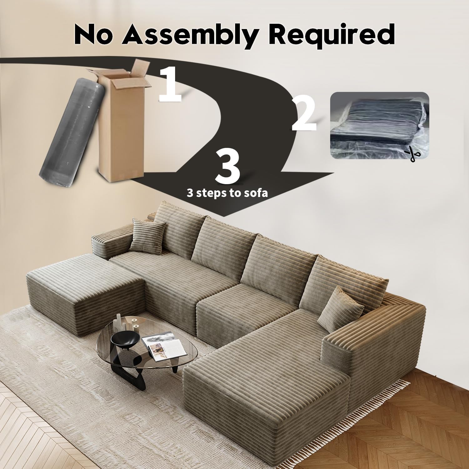 107.5" Cloud Modular Sectional Sofa Couch with L-Shape Chaise,Modern Minimalist Upholstered Couches for Living Room Bedroom,Deep Seat Corner Couch，No Assembly Required (Black,Left Facing Chaise)