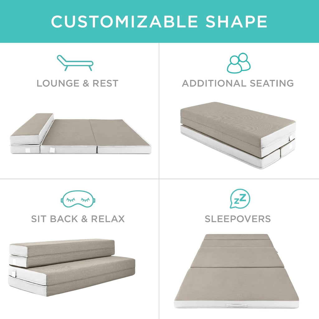 4in Portable Queen-Size Mattress, Tri-Fold Mattress for Camping, Guest, Toddler