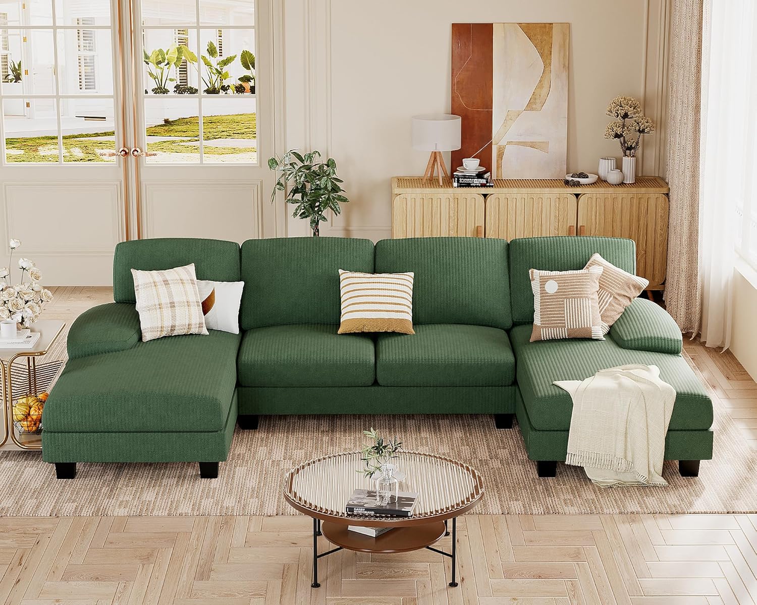 JUMMICO Sectional Couches for Living Room, U Shaped Couch with Chenille Fabric, 4 Seat Modern Sofa with Removable Pillows for Apartment and Small Space (Fabric, Grey)