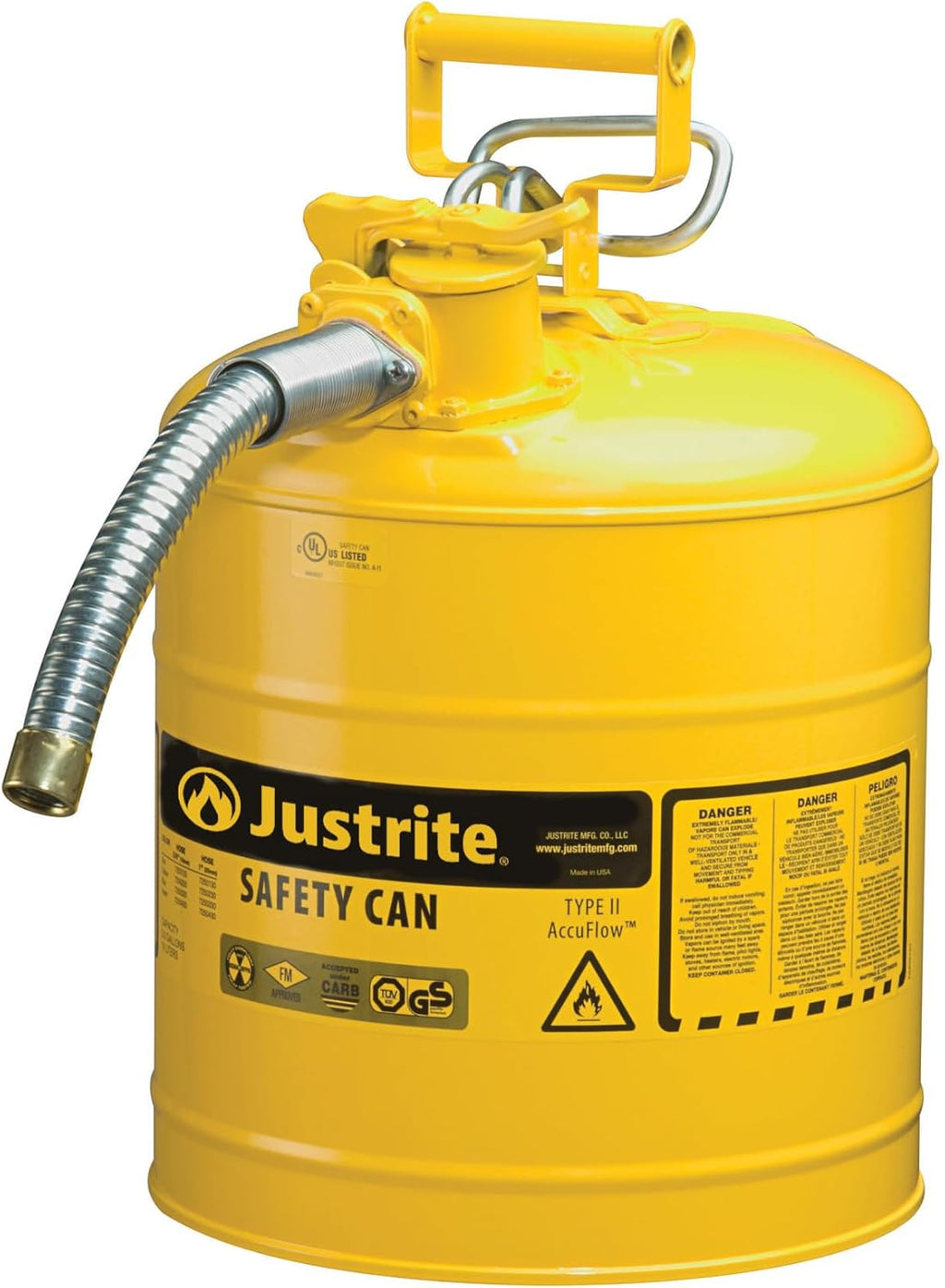 Justrite 5-Gallon Type II Red Safety Gas Can OSHA-Approved Steel Fuel Container with Flame Arrester, Self-Closing Lid & 1" Flexible Spout (7250130)
