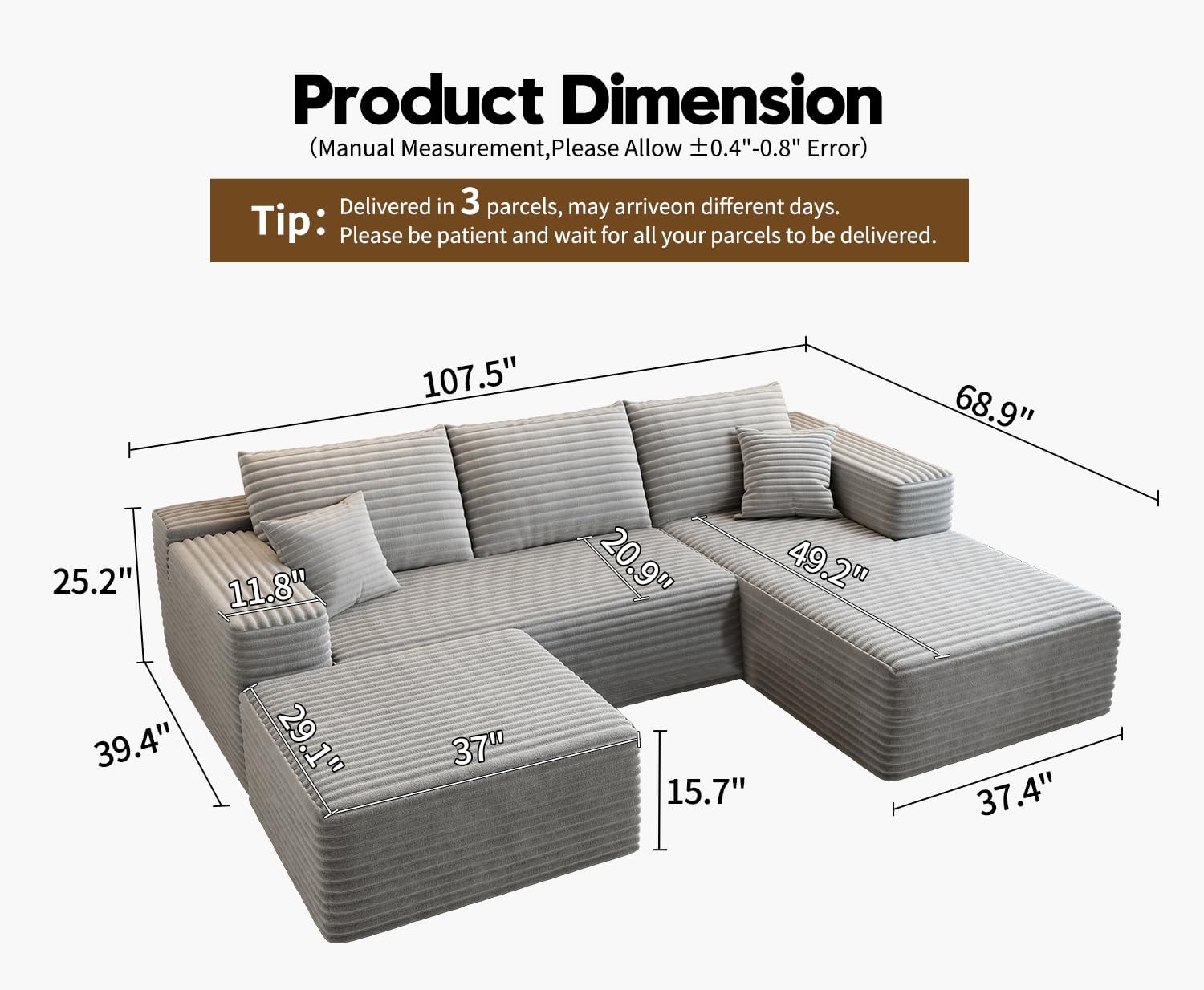107.5" Cloud Modular Sectional Sofa Couch with L-Shape Chaise,Modern Minimalist Upholstered Couches for Living Room Bedroom,Deep Seat Corner Couch，No Assembly Required (Black,Left Facing Chaise)