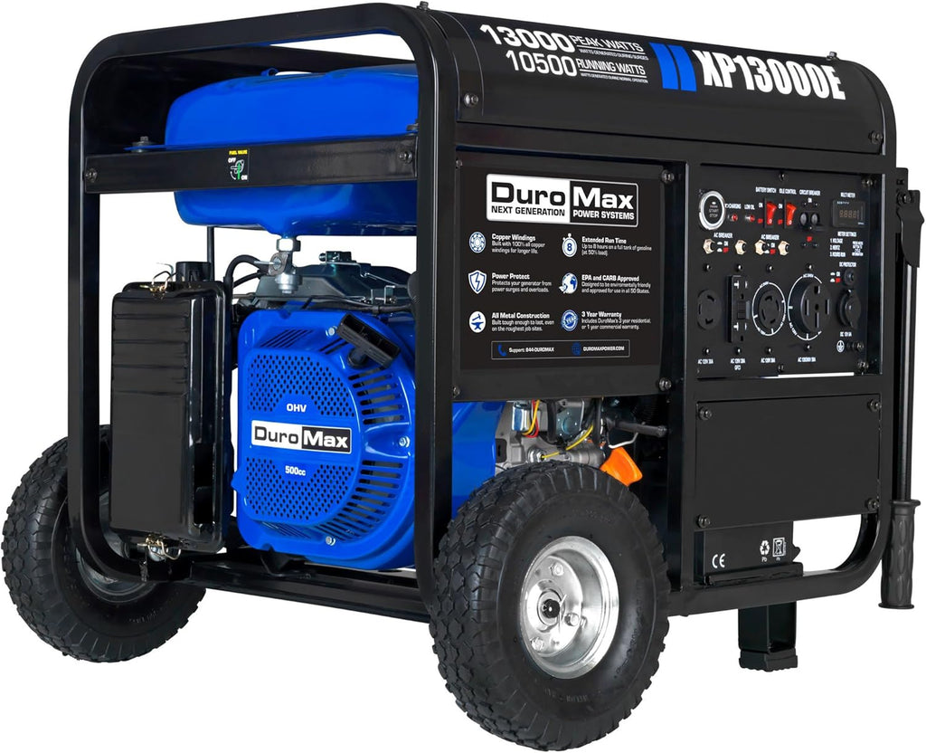 DuroMax XP13000EH 13,000-Watt Dual Fuel Portable Generator - Gas & Propane, Electric Start, Whole Home Backup Power, Transfer Switch Ready, RV & Emergency Ready
