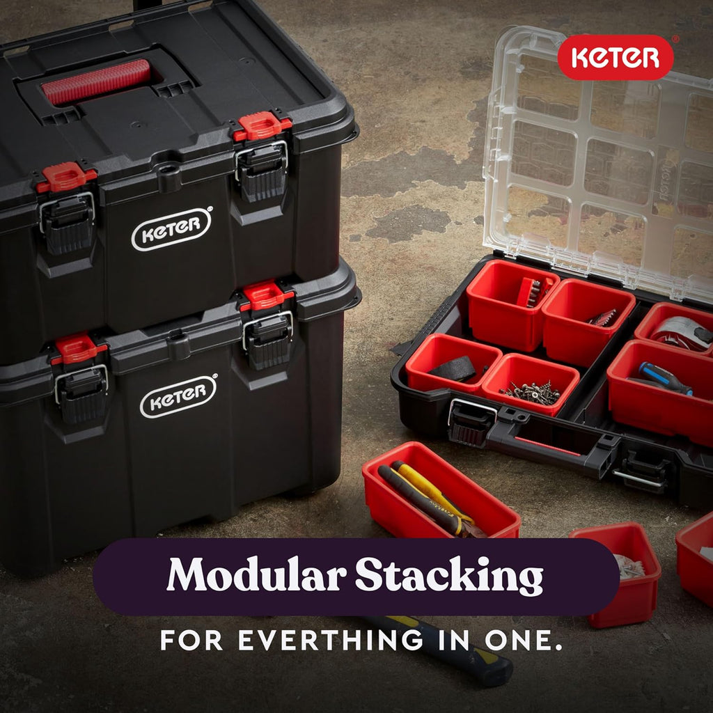 Keter Stack-n-Roll Modular Tools Organizer for Garage Storage and DIY, 3 Piece Resin Rolling Tool Box System for Small Parts