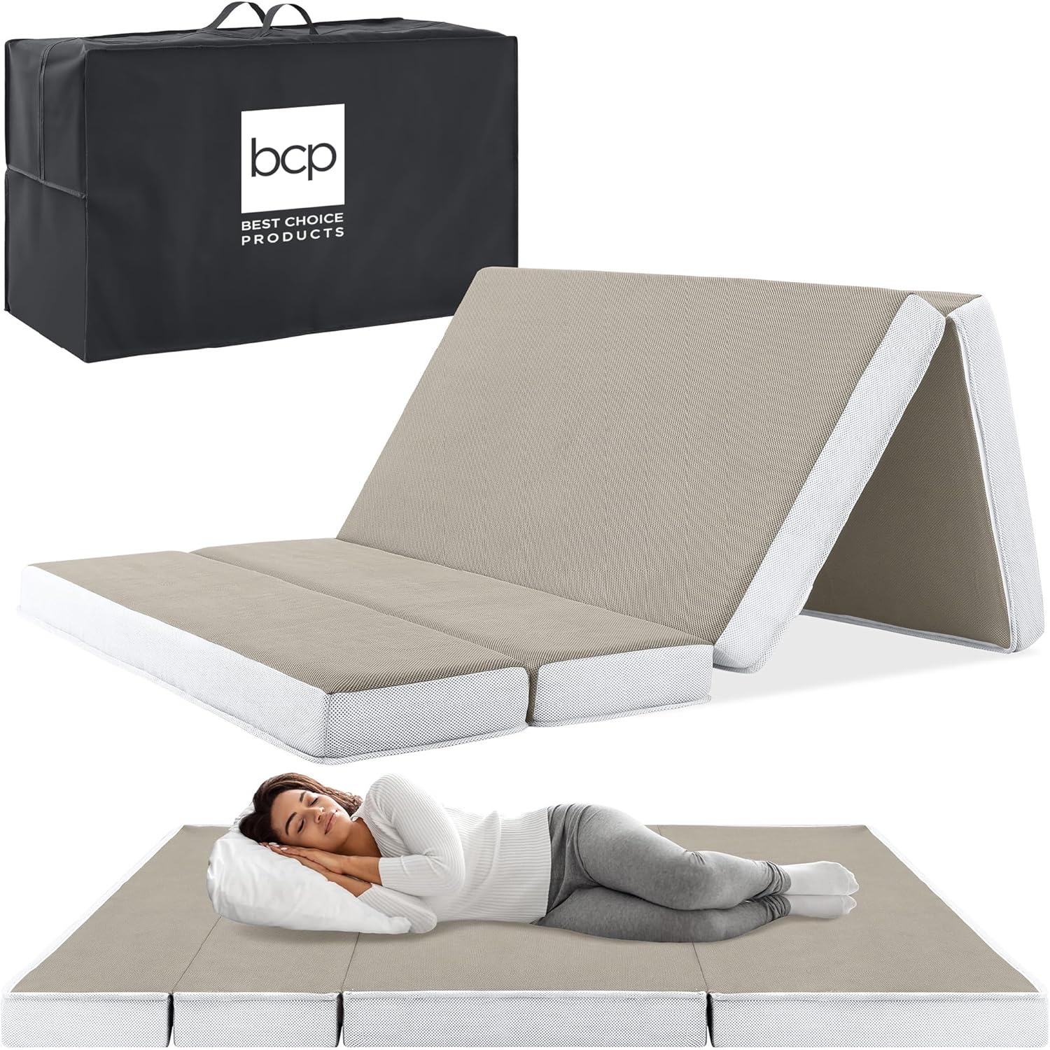 4in Portable Queen-Size Mattress, Tri-Fold Mattress for Camping, Guest, Toddler