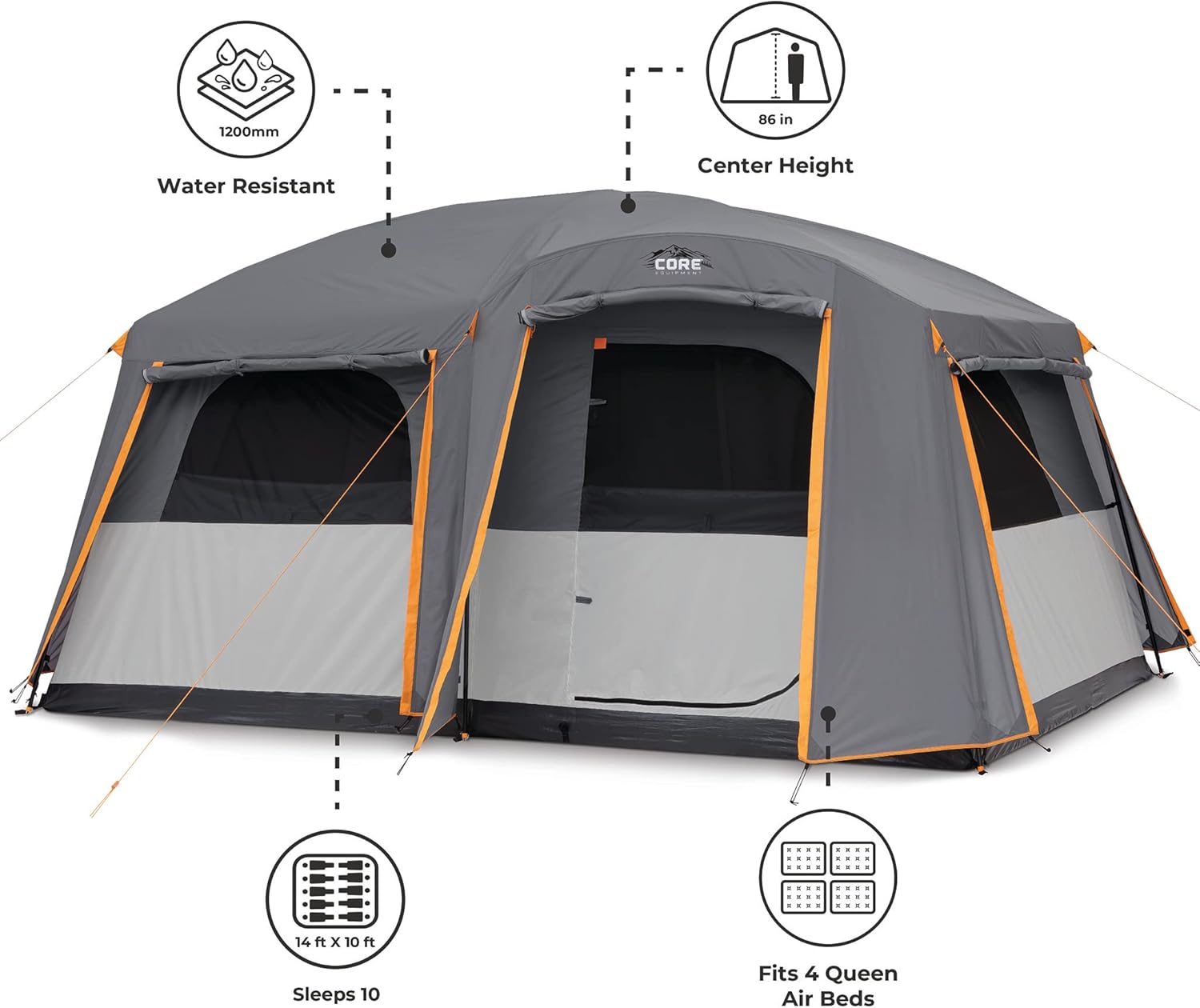 CORE Straight Wall Cabin Tents | 10 Person / 11 Person / 12 Person Large Multi Room Family Tents for Car Camping & Outdoor Adventures