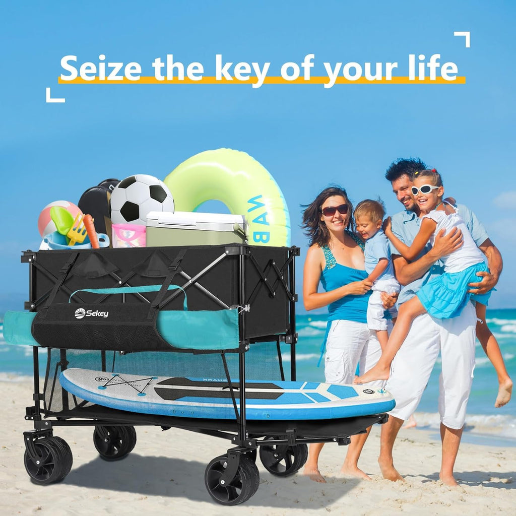 400L Large Capacity Folding Double Decker Wagon with Brakes, 50" Extra Long Extender Cart, 500lbs Heavy Duty Collapsible Wagons