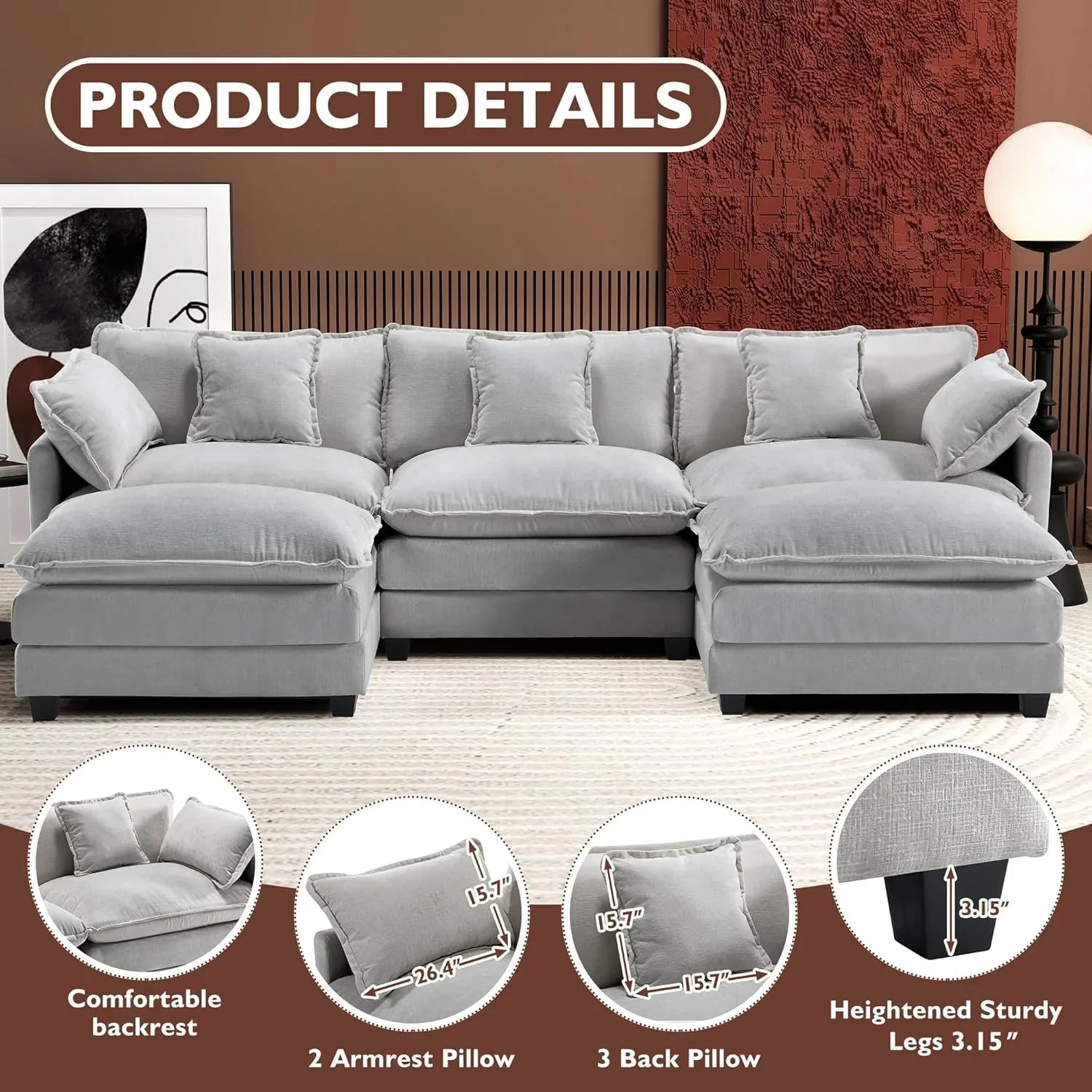 111.4 Inch L Shaped Modern Sofa Modular Cloud Sofa with Ottoman 4 Seater Chenille Deep Seat Sofa