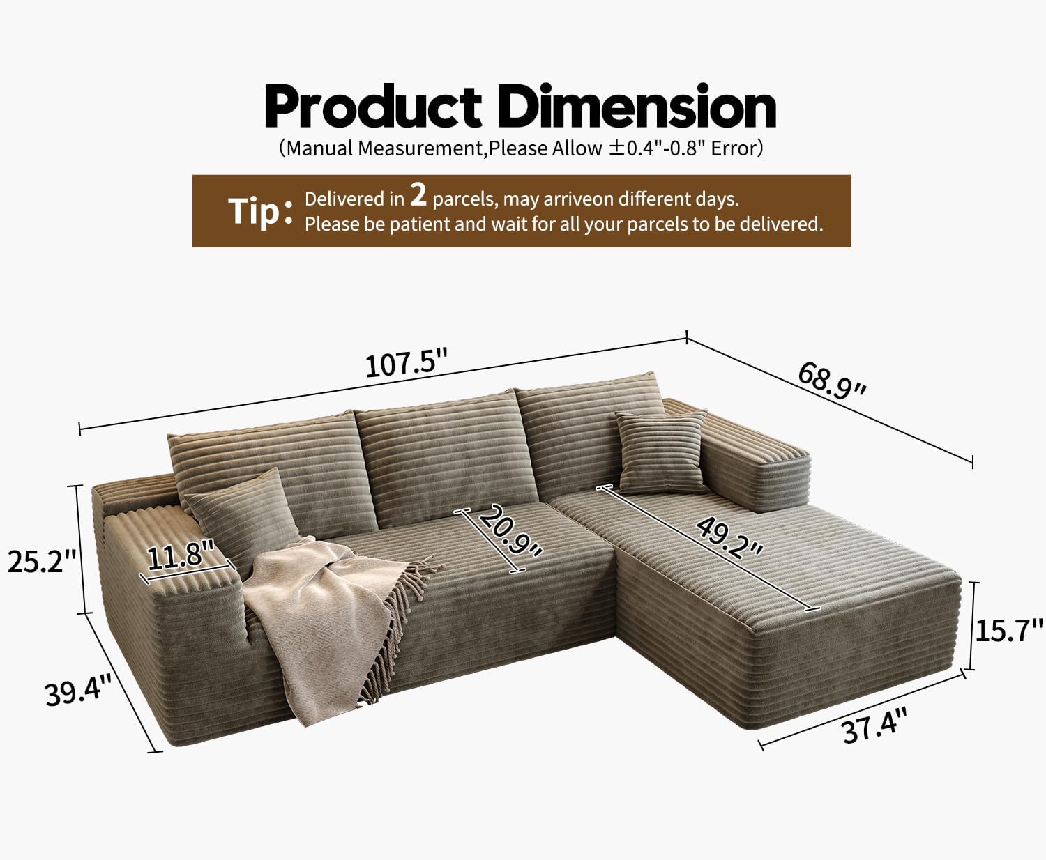 107.5" Cloud Modular Sectional Sofa Couch with L-Shape Chaise,Modern Minimalist Upholstered Couches for Living Room Bedroom,Deep Seat Corner Couch，No Assembly Required (Black,Left Facing Chaise)