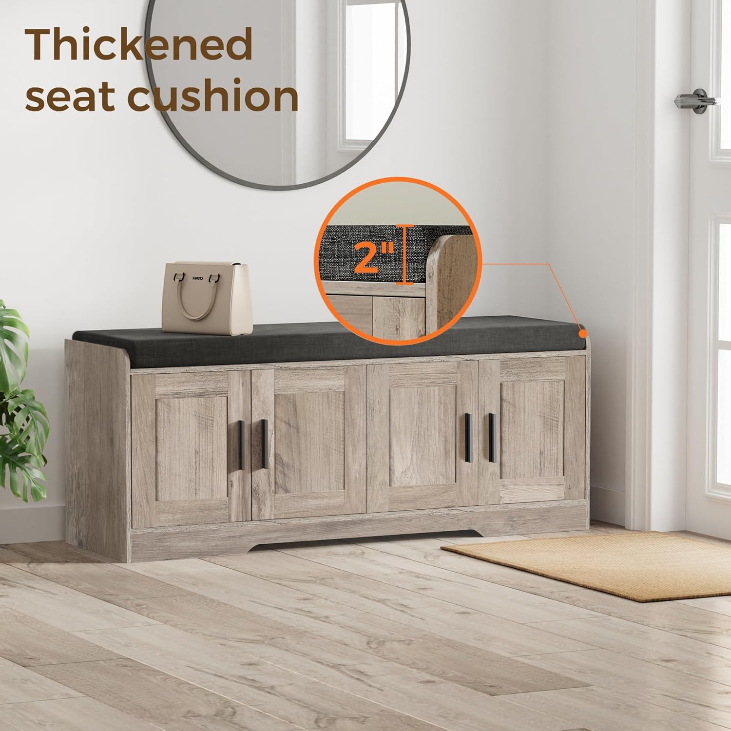 2-Tier Storage Bench, Shoe Bench with Thickened Padded Seat Cushion, Entryway Bench with 4 Doors, Adjustable Shelf, 13.8" D x 45.3" W x 18.5" H, for Entryway, Living Room, Bedroom, White