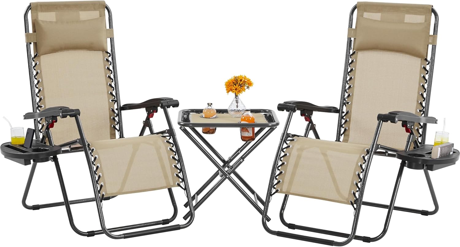 3PCS Zero Gravity Recliner Portable Outdoor Reclining Chair Set w/Side Table Folding Chaise Lounge Chairs