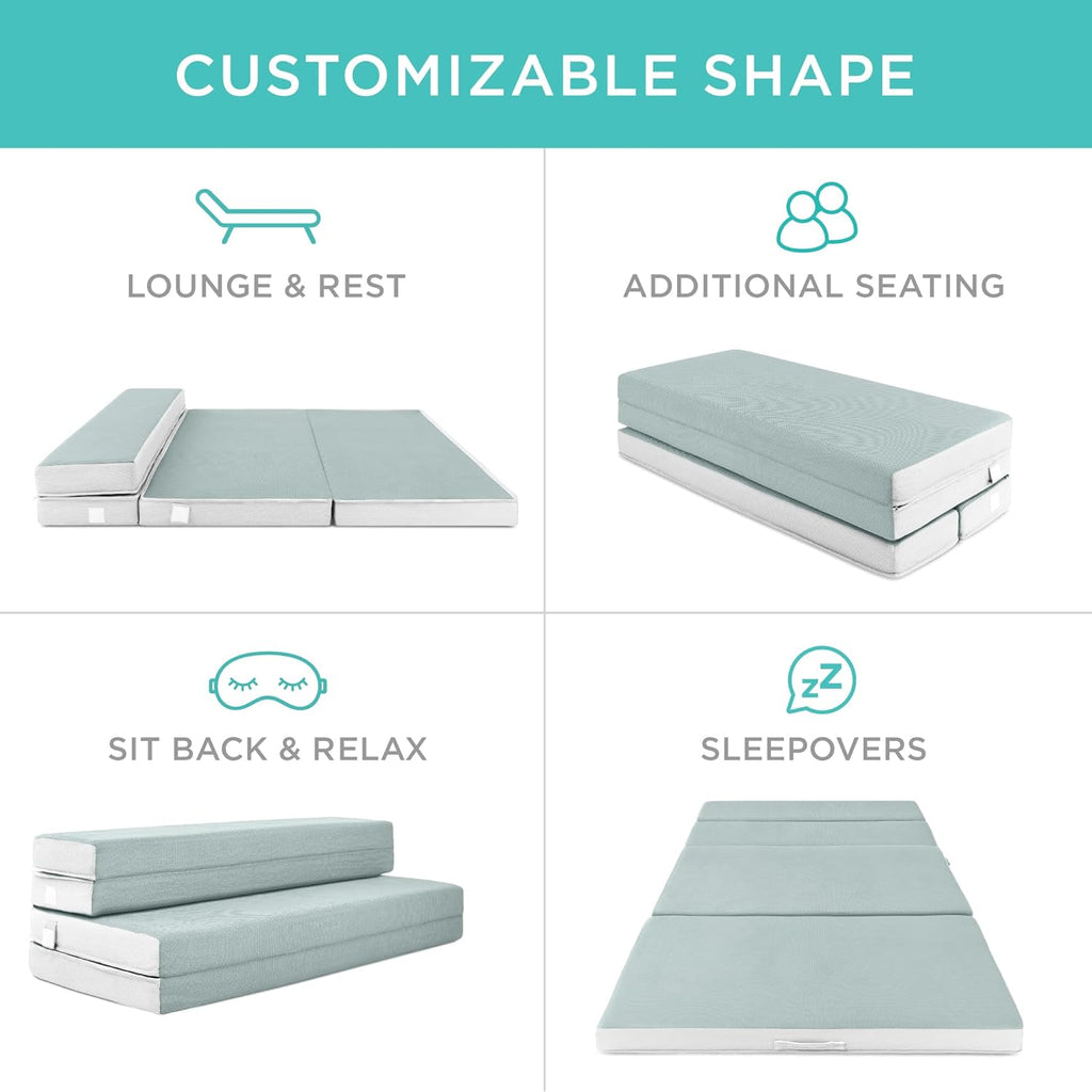4in Portable Queen-Size Mattress, Tri-Fold Mattress for Camping, Guest, Toddler