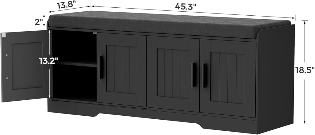 2-Tier Storage Bench, Shoe Bench with Thickened Padded Seat Cushion, Entryway Bench with 4 Doors, Adjustable Shelf, 13.8" D x 45.3" W x 18.5" H, for Entryway, Living Room, Bedroom, White