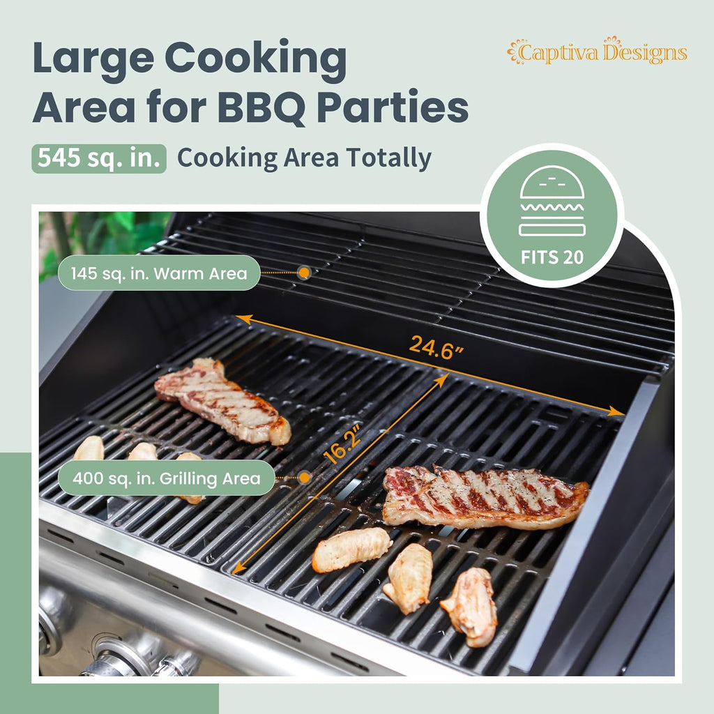 Burner Propane Gas BBQ Grill with Side Burner & Porcelain-Enameled Cast Iron Grates, 42,000 BTU Output Stainless Steel Grill for Outdoor Cooking Kitchen and Patio Backyard Barbecue-Captiva