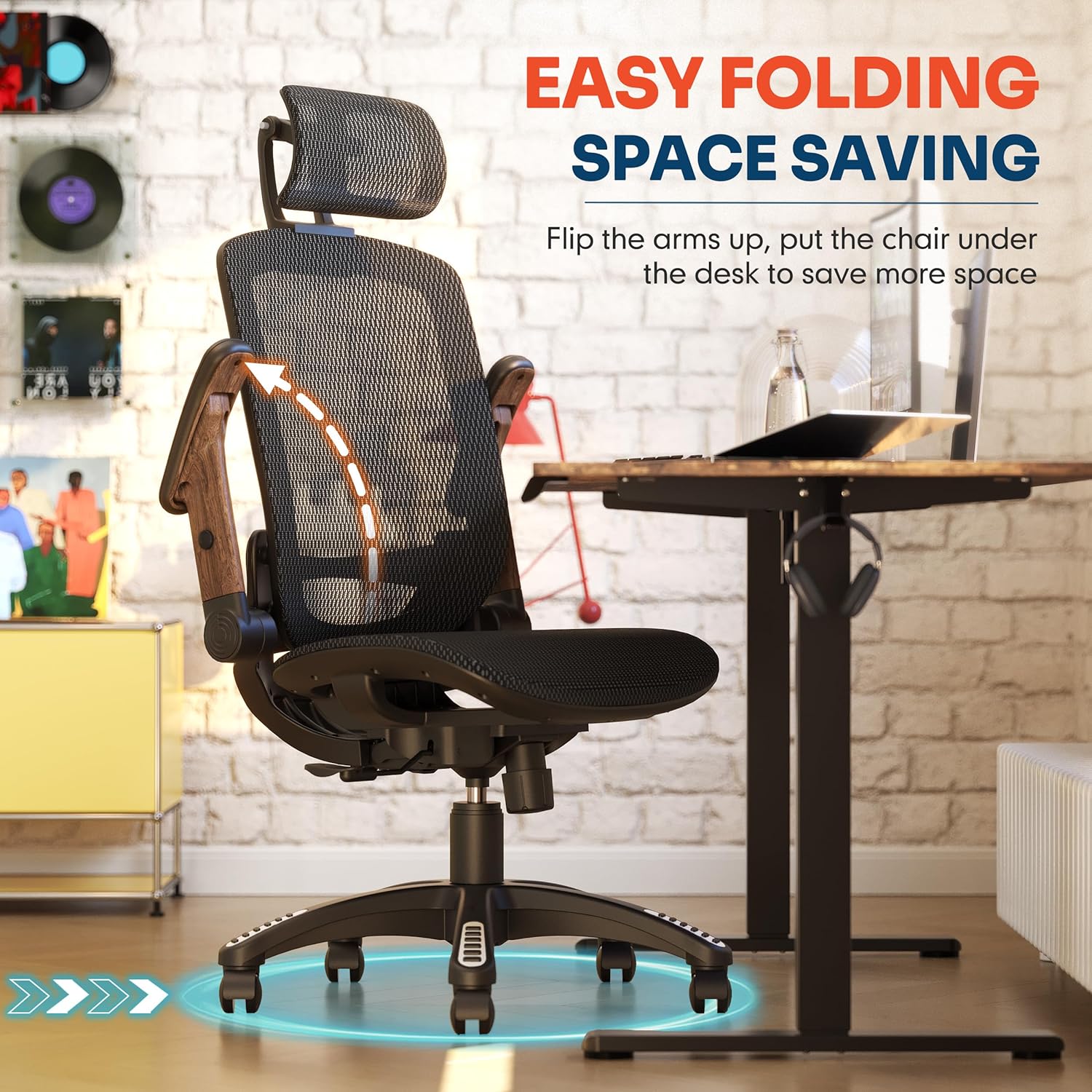 GABRYLLY Ergonomic Office Chair, High Back Home Desk Chair with Headrest, Flip-Up Arms, 90-120° Tilt Lock and Wide Cushion, Big and Tall Mesh Chairs for Man Woman, Black Task Chair