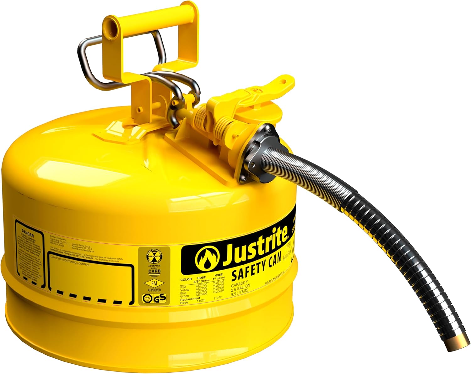 Justrite 5-Gallon Type II Red Safety Gas Can OSHA-Approved Steel Fuel Container with Flame Arrester, Self-Closing Lid & 1" Flexible Spout (7250130)