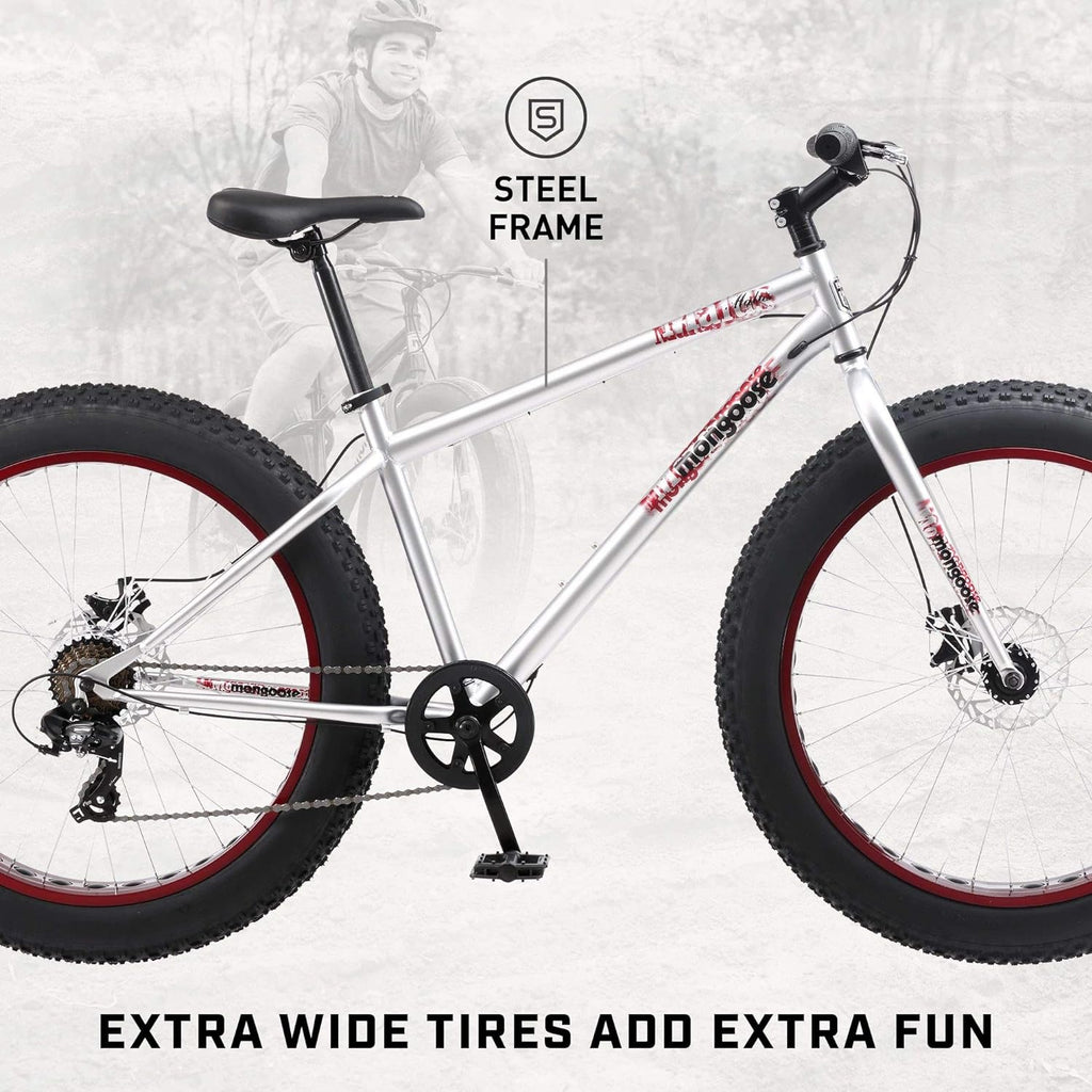 Malus Mens and Women Fat Tire Mountain Bike, 26-Inch Bicycle Wheels, 4-Inch Wide Knobby Tires, Steel Frame, 7 Speed Drivetrain, Shimano Rear Derailleur, Disc Brakes